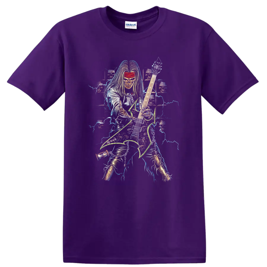 Neon skull-faced guitarist with lightning, skulls, and electric guitar metal artwork on a Purple T Shirt