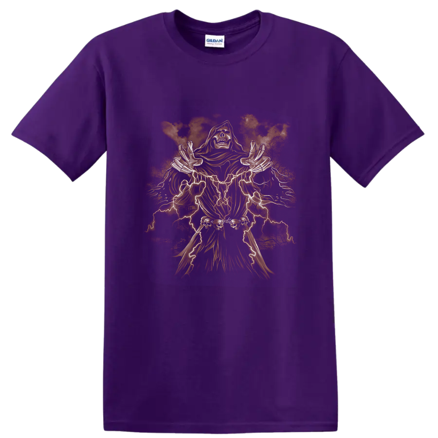 Neon skeletal reaper in a hooded robe with lightning, skulls, and dark fantasy metal art on a Purple T Shirt