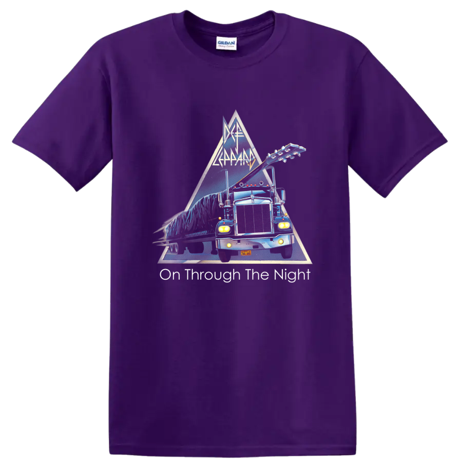 Def Leppard On Through the Night neon tour truck and guitar triangle graphic on a Purple T Shirt