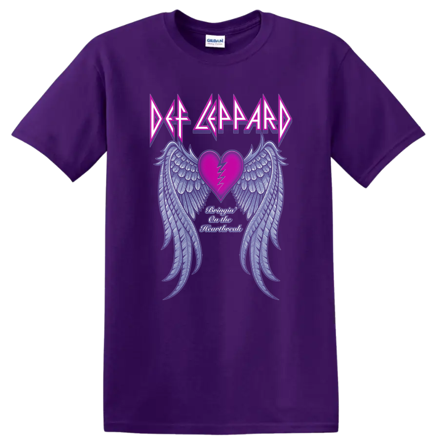 Def Leppard logo over cracked pink heart, blue angel wings, and Heartbreak script on a Purple T Shirt