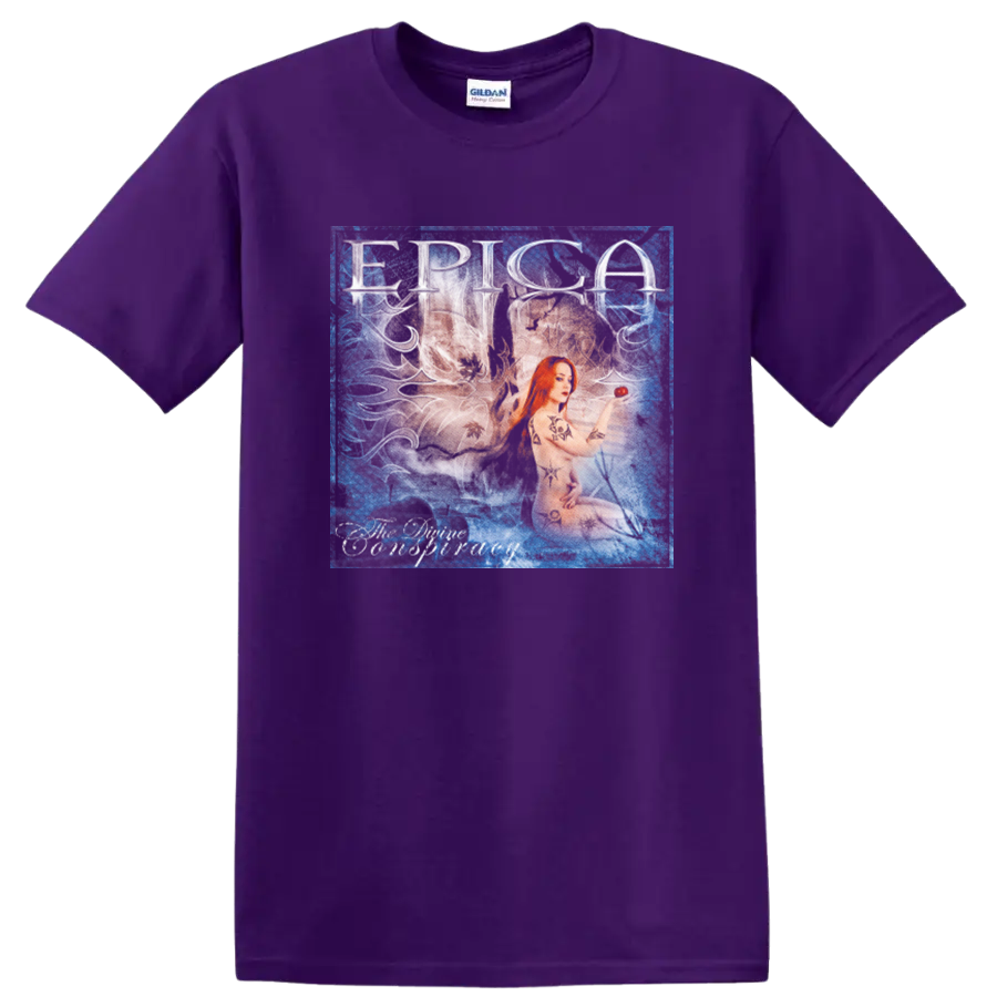 Epica The Phantom Agony Simone Simons portrait in a distressed blue collage style on a Purple T Shirt