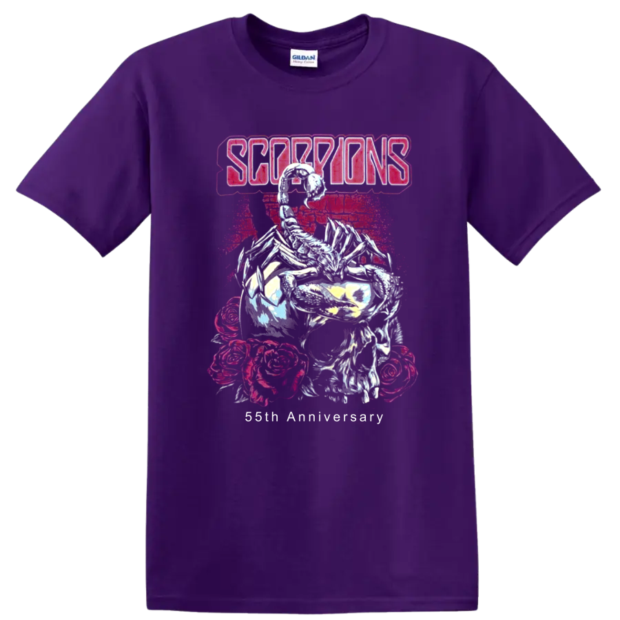 Scorpions logo above skeleton, roses, and neon pink distressed rock artwork on a Purple T Shirt