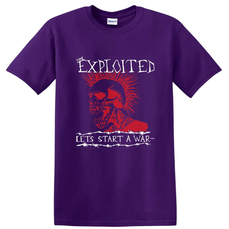 The Exploited Let’s Start a War red mohawk skull punk graphic on a Purple T Shirt