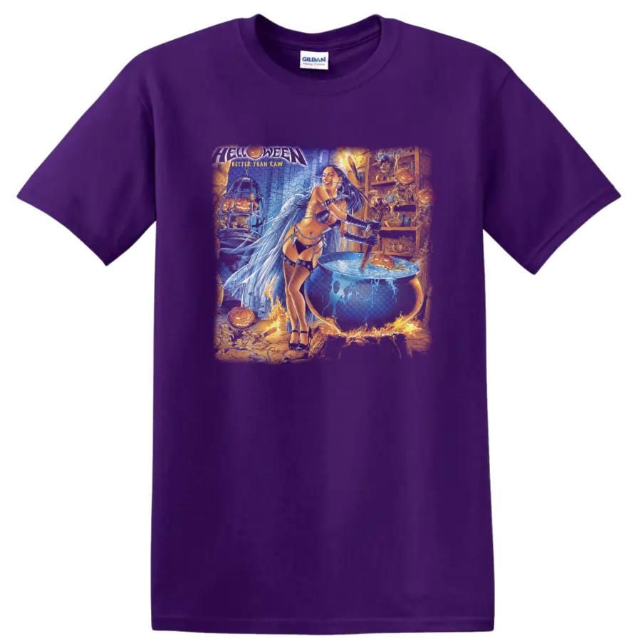 Helloween Better Than Raw fantasy woman, lightning, cauldron and pumpkin artwork on a Purple T Shirt