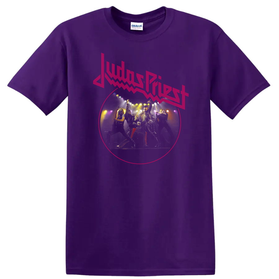 Judas Priest neon pink logo above vintage-style heavy metal concert performance artwork on a Purple T Shirt