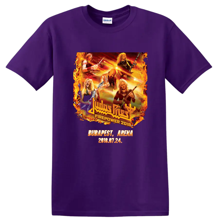 Judas Priest Firepower 2018 Budapest Arena concert collage with flames and guitars on a Purple T Shirt