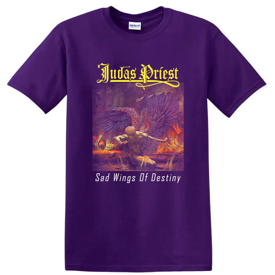 Judas Priest Sad Wings of Destiny flaming angel with wings and gothic lettering on a Purple T Shirt