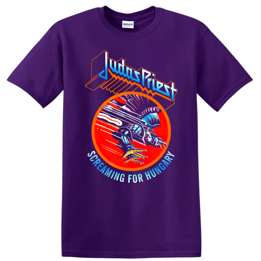 Judas Priest Screaming for Vengeance eagle graphic with red circle and angular logo on a Purple T Shirt