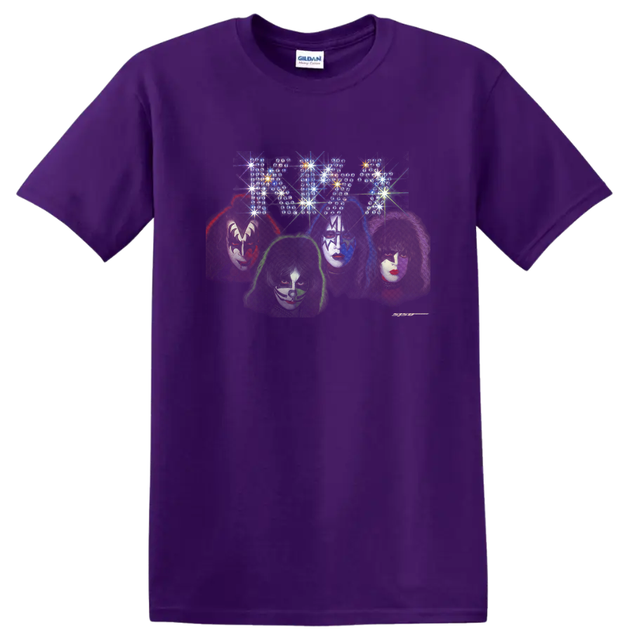 KISS Spun Out style four makeup portraits with psychedelic starburst artwork on a Purple T Shirt