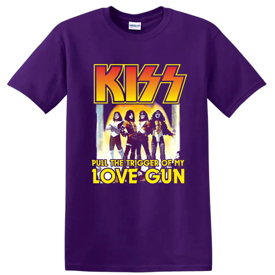 KISS Love Gun retro graphic with band lineup, fiery glow, and bold logo lettering on a Purple T Shirt