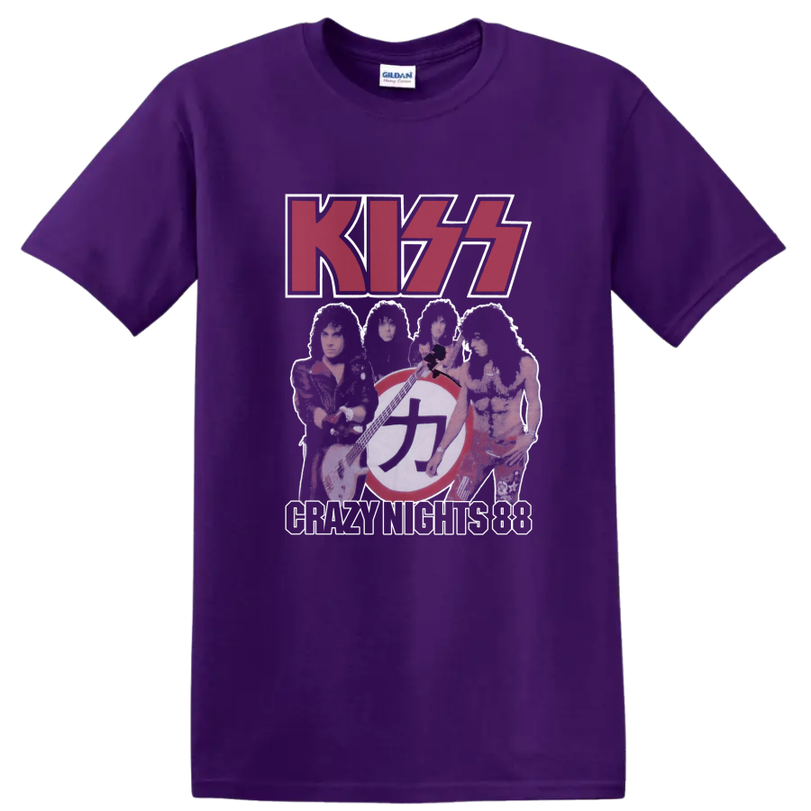 KISS Dressed to Kill red logo with faded band collage and circular emblem on a Purple T Shirt