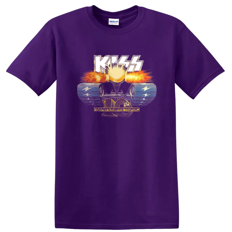 KISS 10th Anniversary Tour sunburst and blue wings retro concert graphic on a Purple T Shirt