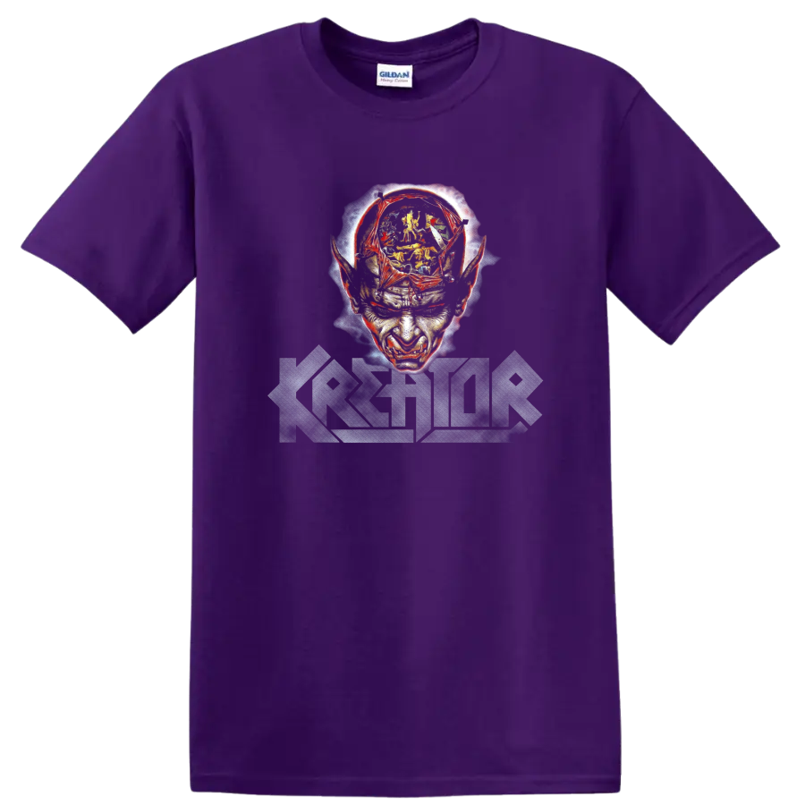 Kreator Phantom Antichrist distressed skull face with jagged band logo on a Purple T Shirt