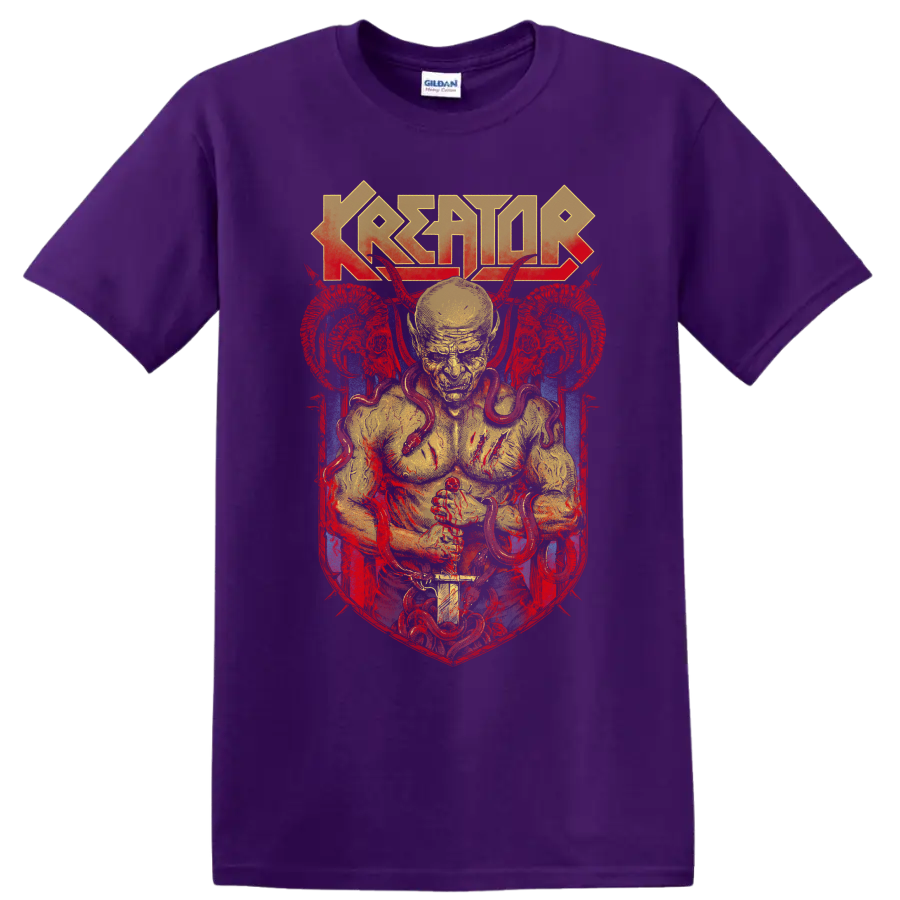 Kreator logo above a snake-wrapped figure in distressed red, yellow, and blue metal art on a Purple T Shirt
