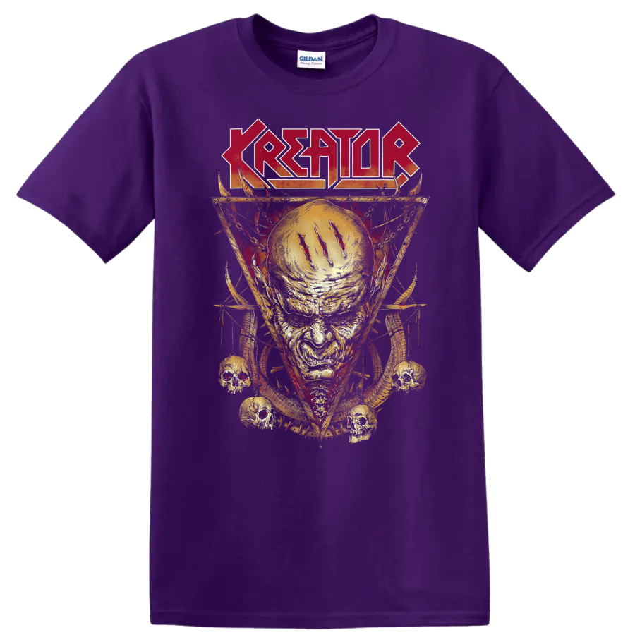 Kreator logo above a fiery skull with glowing halo, spikes, and small skulls on a Purple T Shirt