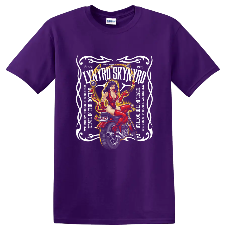 Red pinup femme in a gold ornamental frame with hearts and Fate lettering on a Purple T Shirt