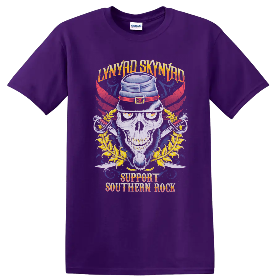 Lynyrd Skynyrd skull in hat with red wings, swords, and Support Southern Rock text on a Purple T Shirt