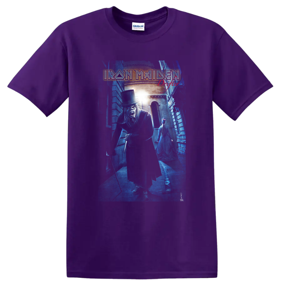Iron Maiden Eddie Drifter artwork with blue alley scene and red Drifter lettering on a Purple T Shirt
