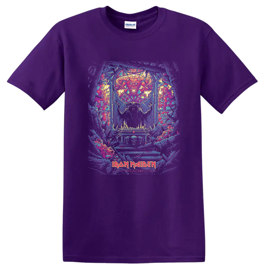 Iron Maiden Revelations Eddie artwork with horned figure, skulls, flames, and logo on a Purple T Shirt