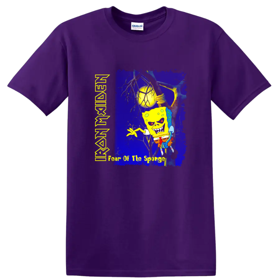 SpongeBob Fear of the Dark parody in a distressed Iron Maiden heavy metal art style on a Purple T Shirt