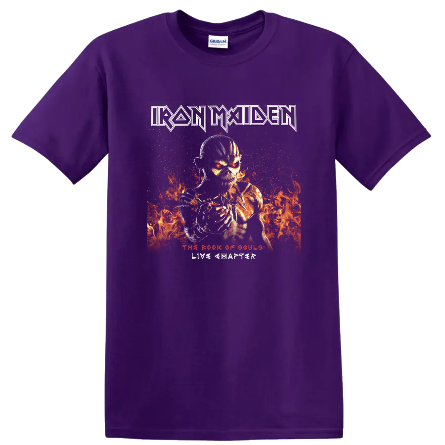 Iron Maiden The Book of Souls Eddie skeletal warrior in fiery heavy metal artwork on a Purple T Shirt