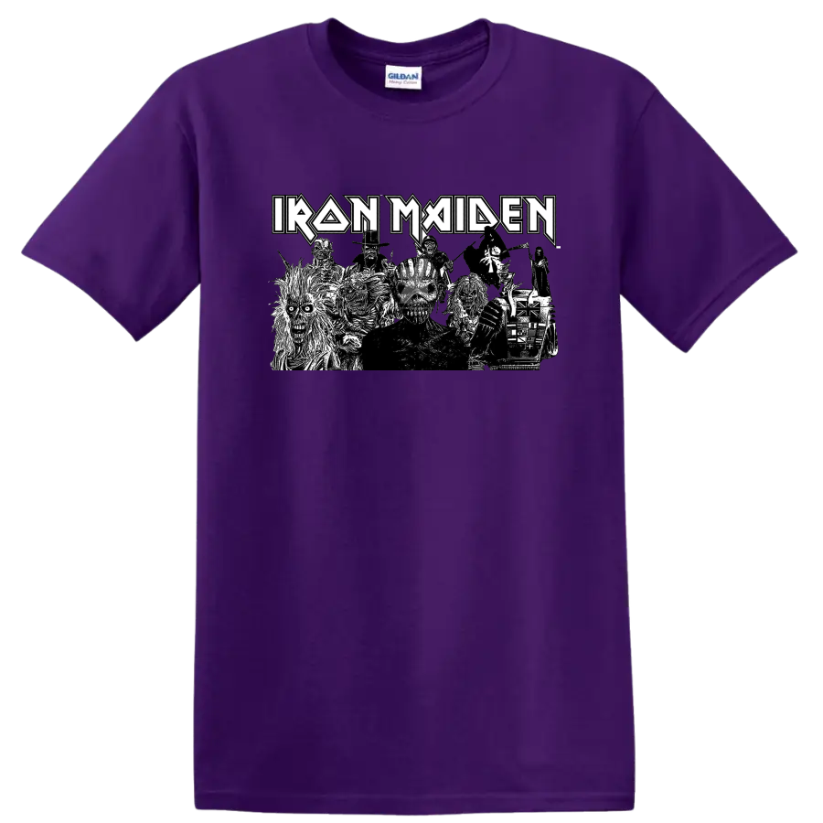 Iron Maiden logo above a black-and-white Eddie skeleton character collage on a Purple T Shirt