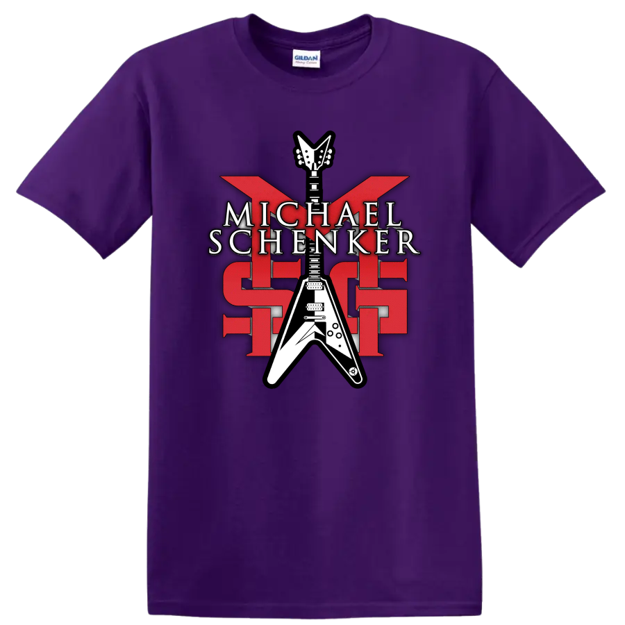 Michael Schenker MSG red and white Flying V guitar rock graphic on a Purple T Shirt