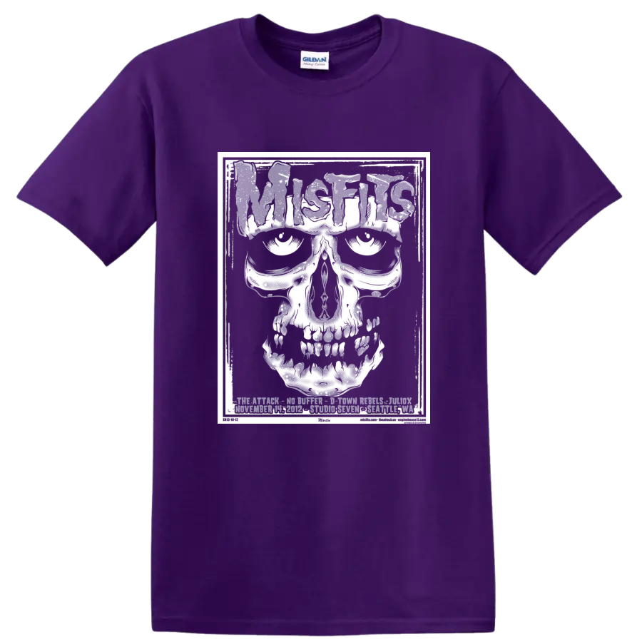Misfits Fiend skull in distressed black-and-white horror punk poster style on a Purple T Shirt