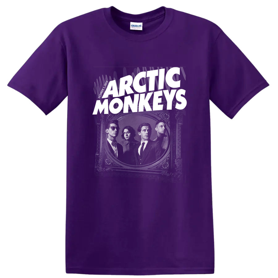 Arctic Monkeys band portrait in an ornate frame with bold distressed lettering on a Purple T Shirt