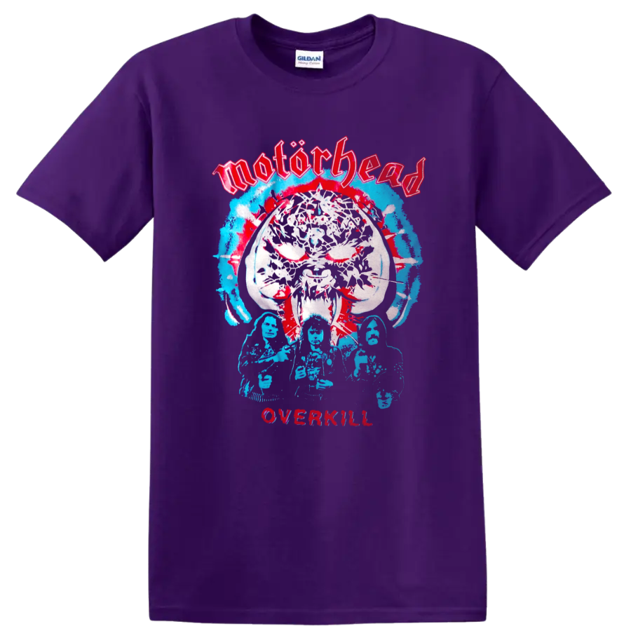 Motörhead Overkill Snaggletooth skull in distressed red and blue metal artwork on a Purple T Shirt