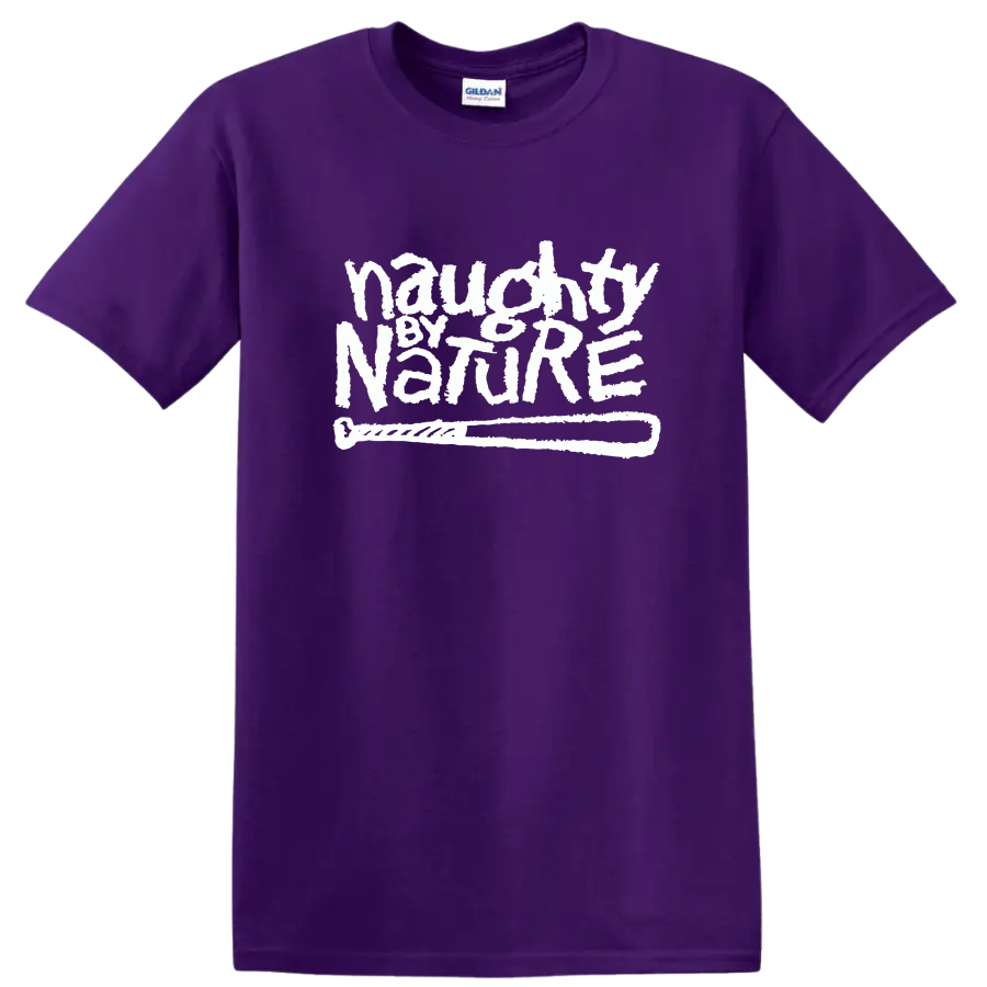 Naughty by Nature logo in distressed white graffiti-style lettering on a Purple T Shirt