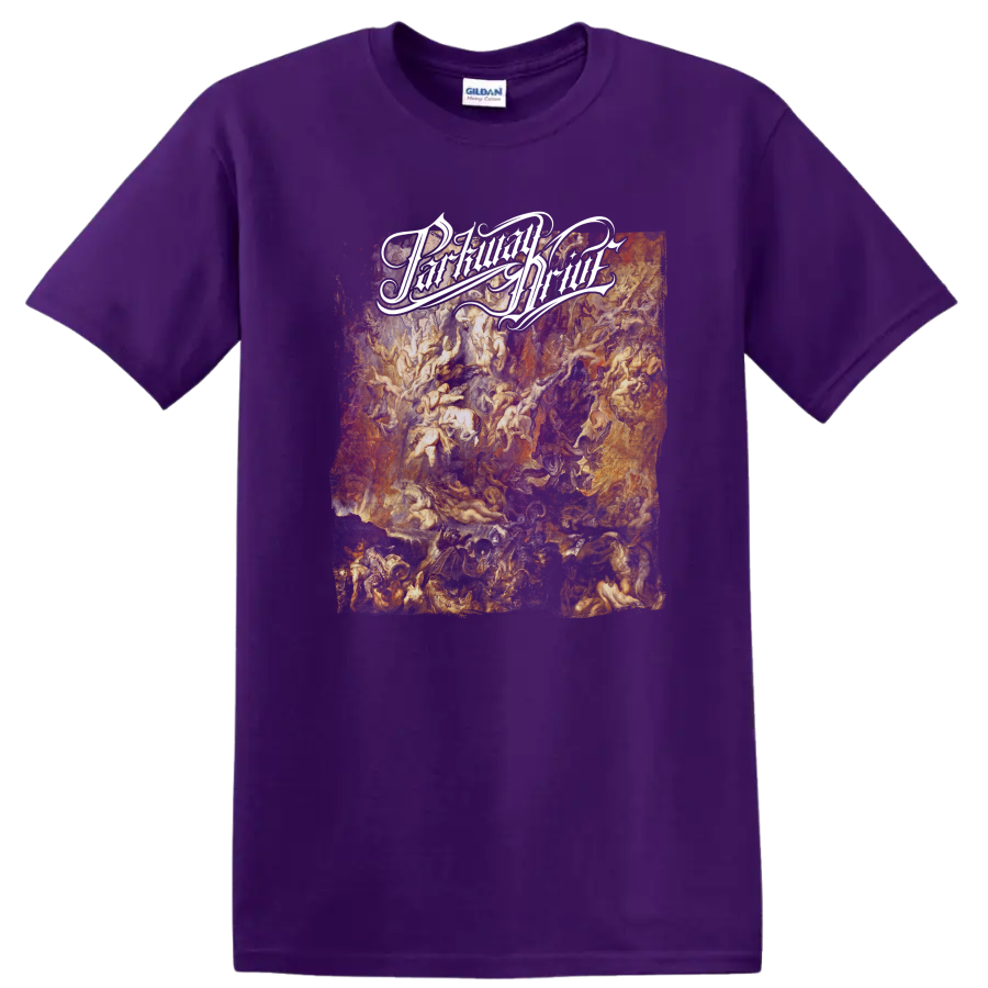 Parkway Drive distressed white script over fiery orange and red grunge artwork on a Purple T Shirt