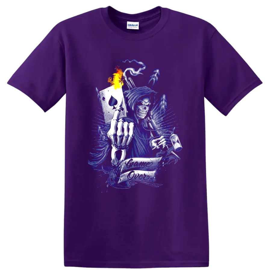 Blue grim reaper skull with flaming spade card and Game Over banner on a Purple T Shirt