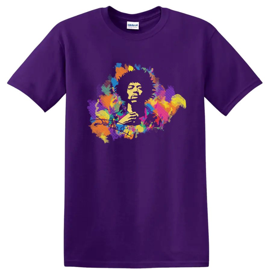 Jimi Hendrix psychedelic guitar portrait with colorful paint splashes on a Purple T Shirt