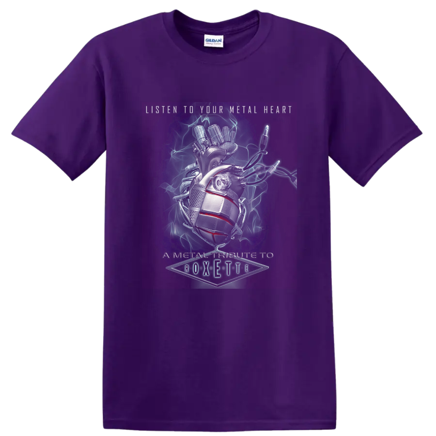 Roxette metal tribute with horns hand, microphone, neon smoke, and Metal Heart text on a Purple T Shirt