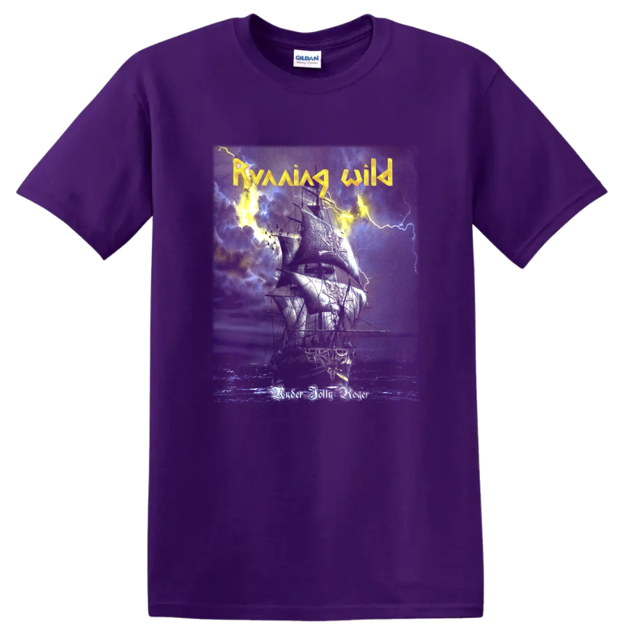 Running Wild Riding the Storm artwork with rider, horse, lightning, and distressed texture on a Purple T Shirt