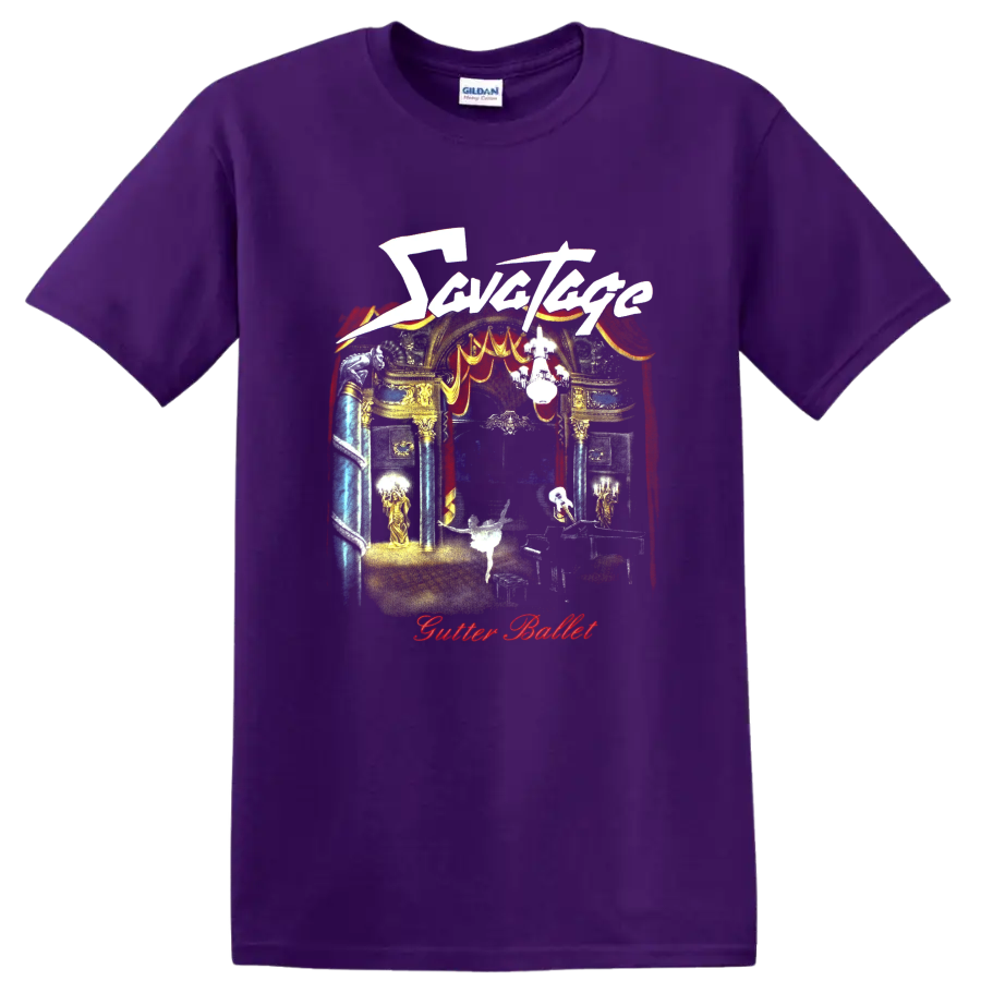 Savatage Gutter Ballet theatrical stage art with red curtains and ornate gold details on a Purple T Shirt
