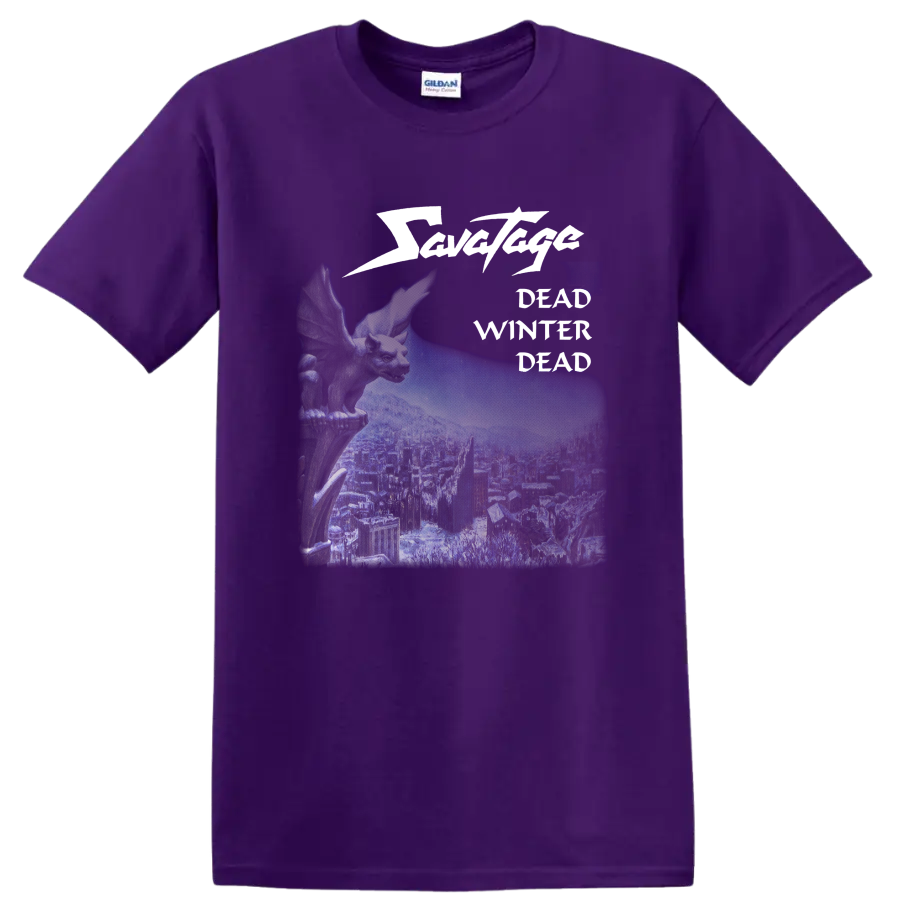 Savatage Dead Winter Dead winged creature and wintry city metal graphic on a Purple T Shirt
