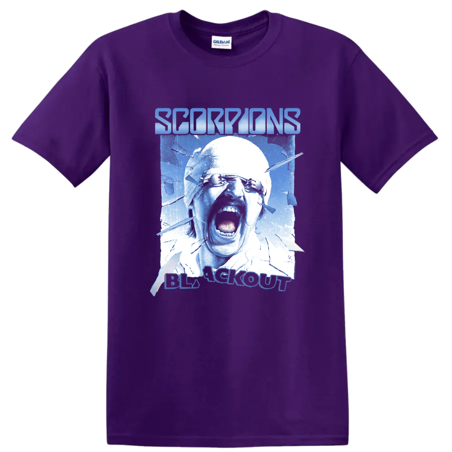 Scorpions Blackout screaming face with shattered glass in icy blue on a Purple T Shirt