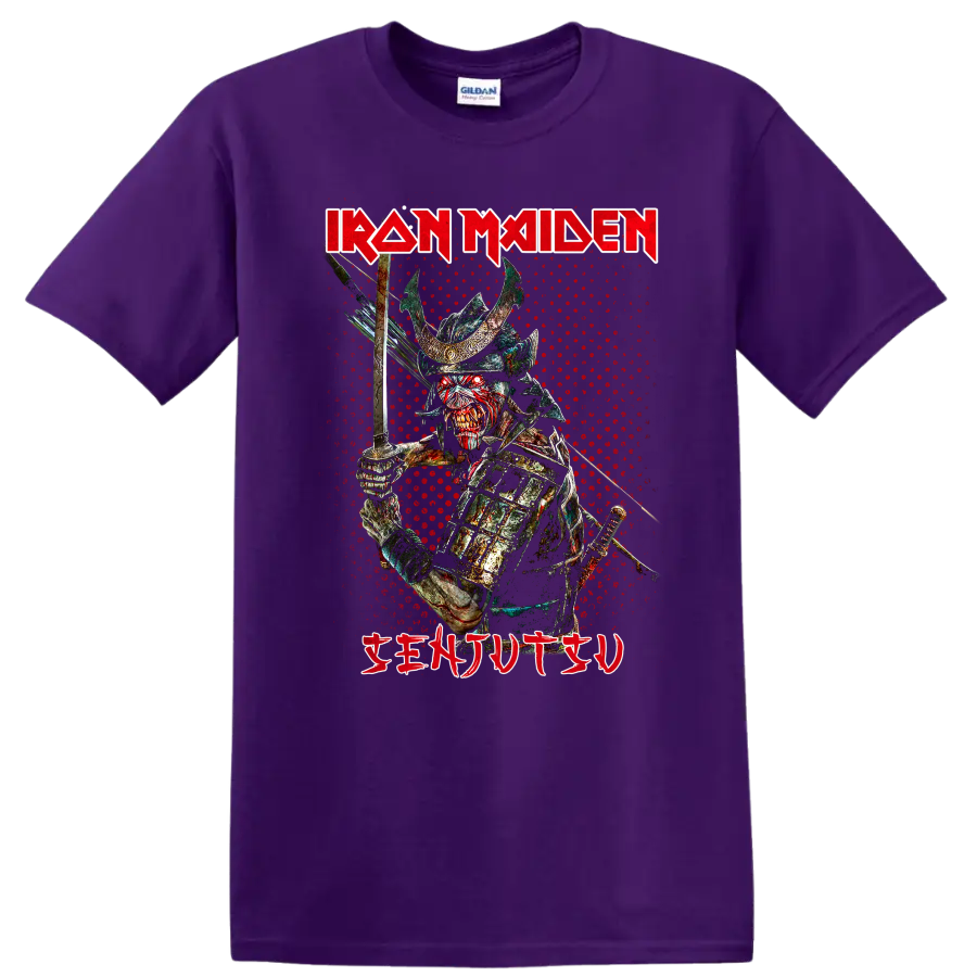 Iron Maiden Senjutsu Samurai Eddie sword warrior in distressed heavy metal horror art on a Purple T Shirt