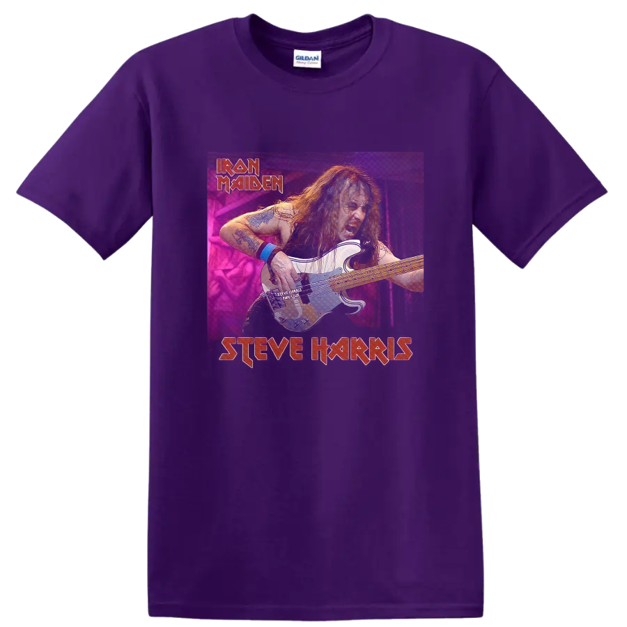 Steve Harris playing bass in a neon Iron Maiden Running Free Live-inspired graphic on a Purple T Shirt