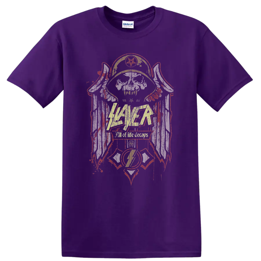 Slayer All Life Decays emblem with distressed skull and pentagram metal artwork on a Purple T Shirt