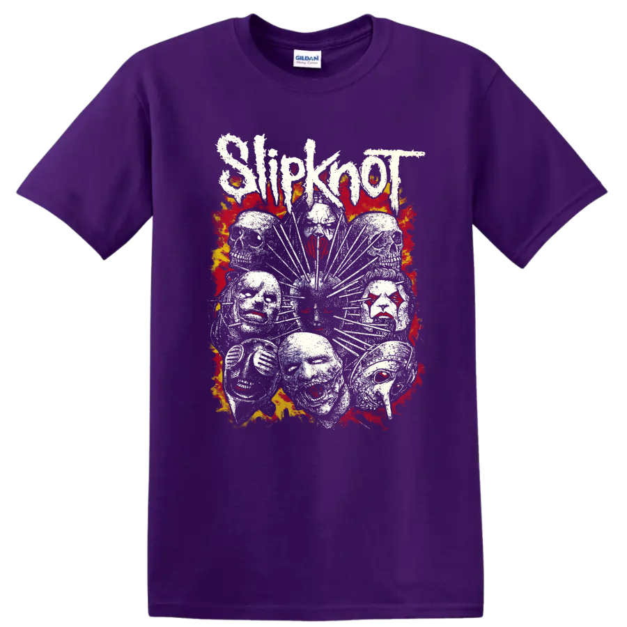 Distressed Slipknot mask cluster with jagged lettering and fiery flame artwork on a Purple T Shirt