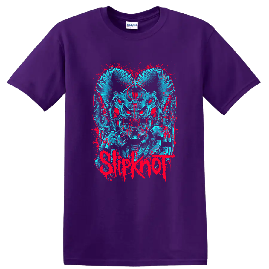 Slipknot horned skull mask in cyan and red distressed splatter art on a Purple T Shirt