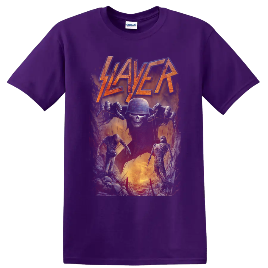 Distressed Slayer logo above a skull puppet master with skeletal horror figures on a Purple T Shirt