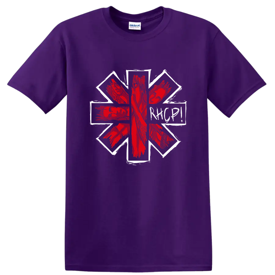 Lovejoy Second To One red hand collage with white geometric frame on a Purple T Shirt