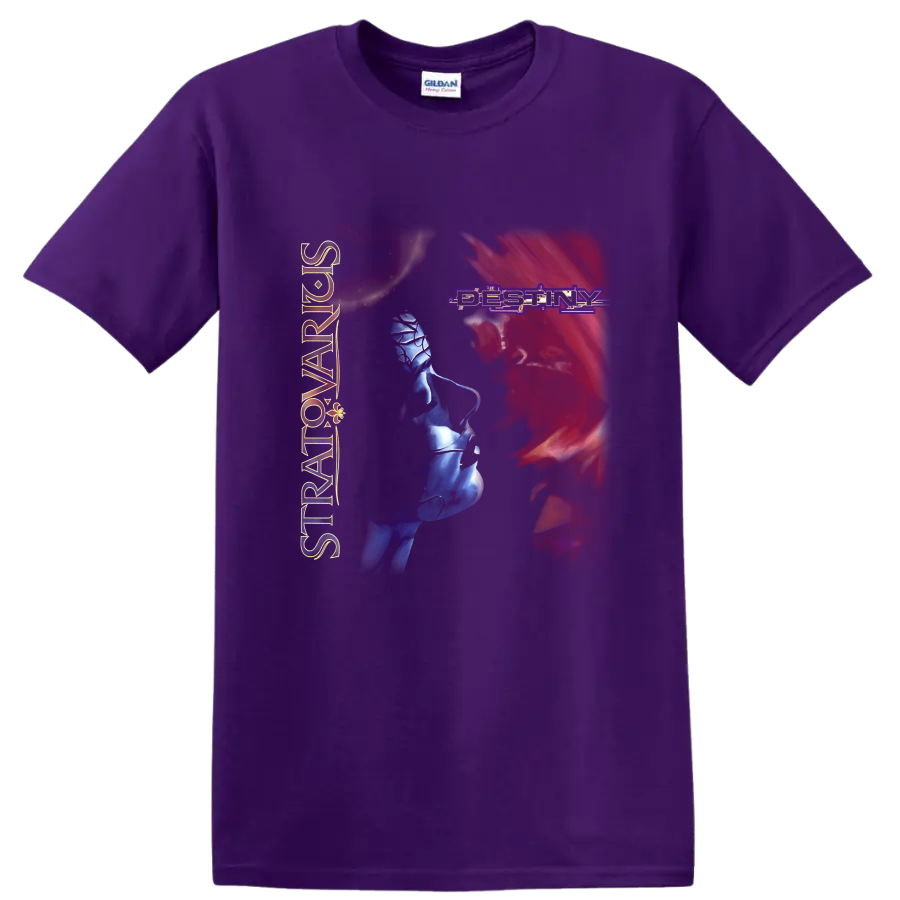 Stratovarius Destiny logo with red portrait silhouette and blue fantasy figure artwork on a Purple T Shirt