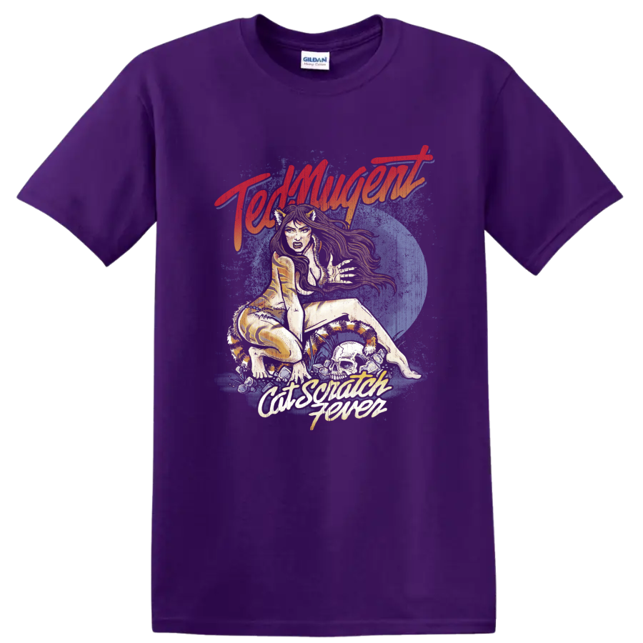 Ted Nugent Cat Scratch Fever retro illustration with wild cat and blue moon on a Purple T Shirt