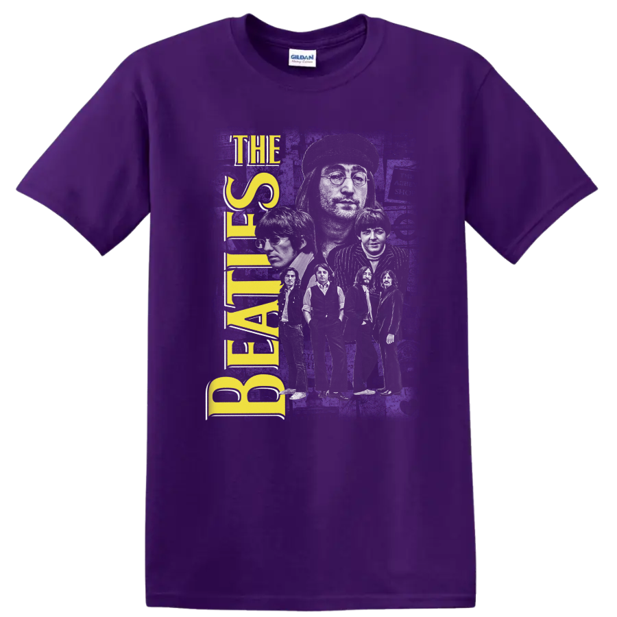 The Beatles white band silhouette with yellow lettering on distressed purple rock art on a Purple T Shirt