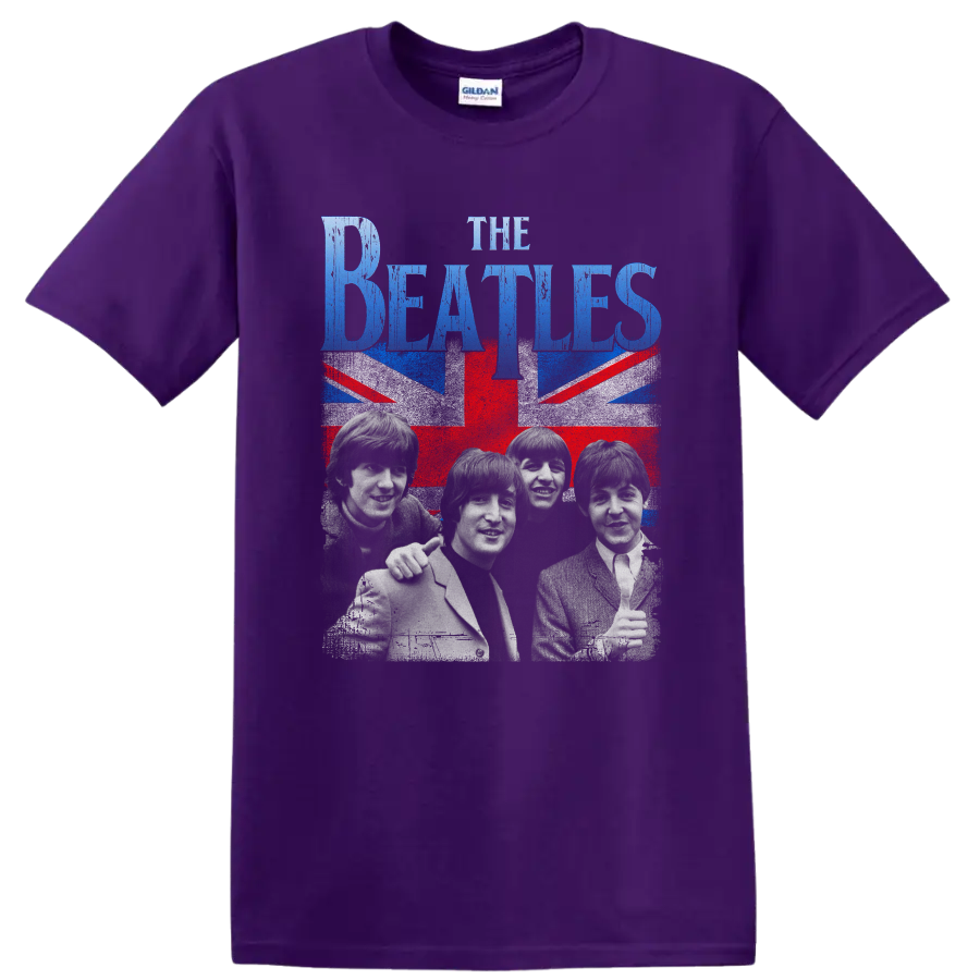 The Beatles portrait with distressed Union Jack and blue band lettering on a Purple T Shirt